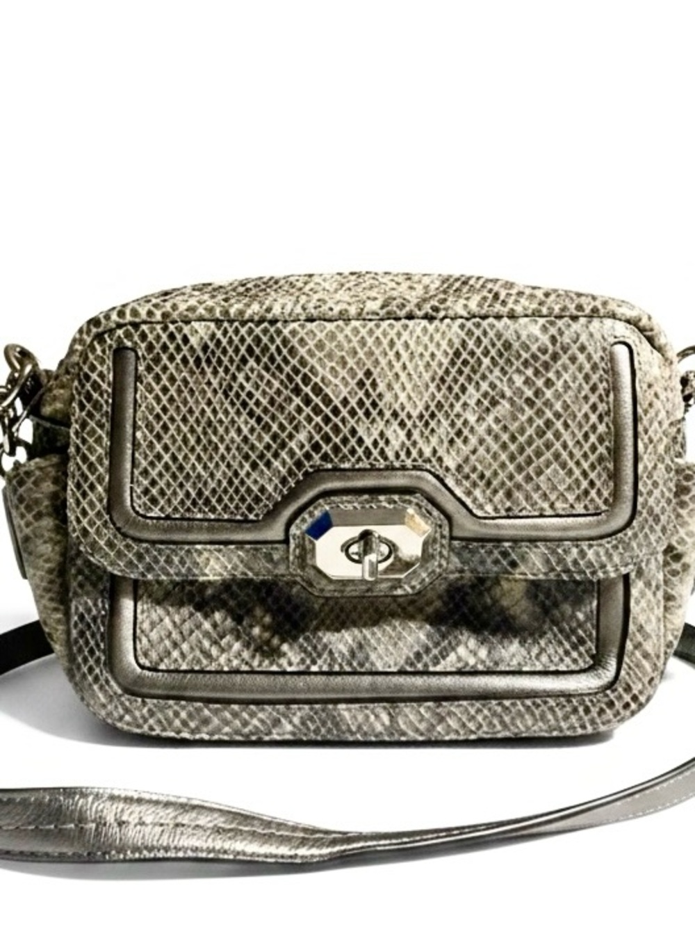 Coach Python Embossed Turnlock Crossbody Bag Gray Gunmetal Leather Y2